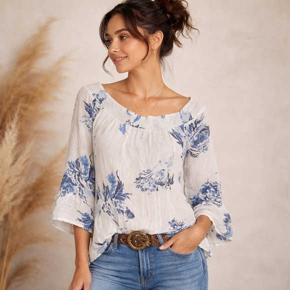 Lucky Brand Tops - Lucky Brand Off Shoulder Blouse White Blue Floral M